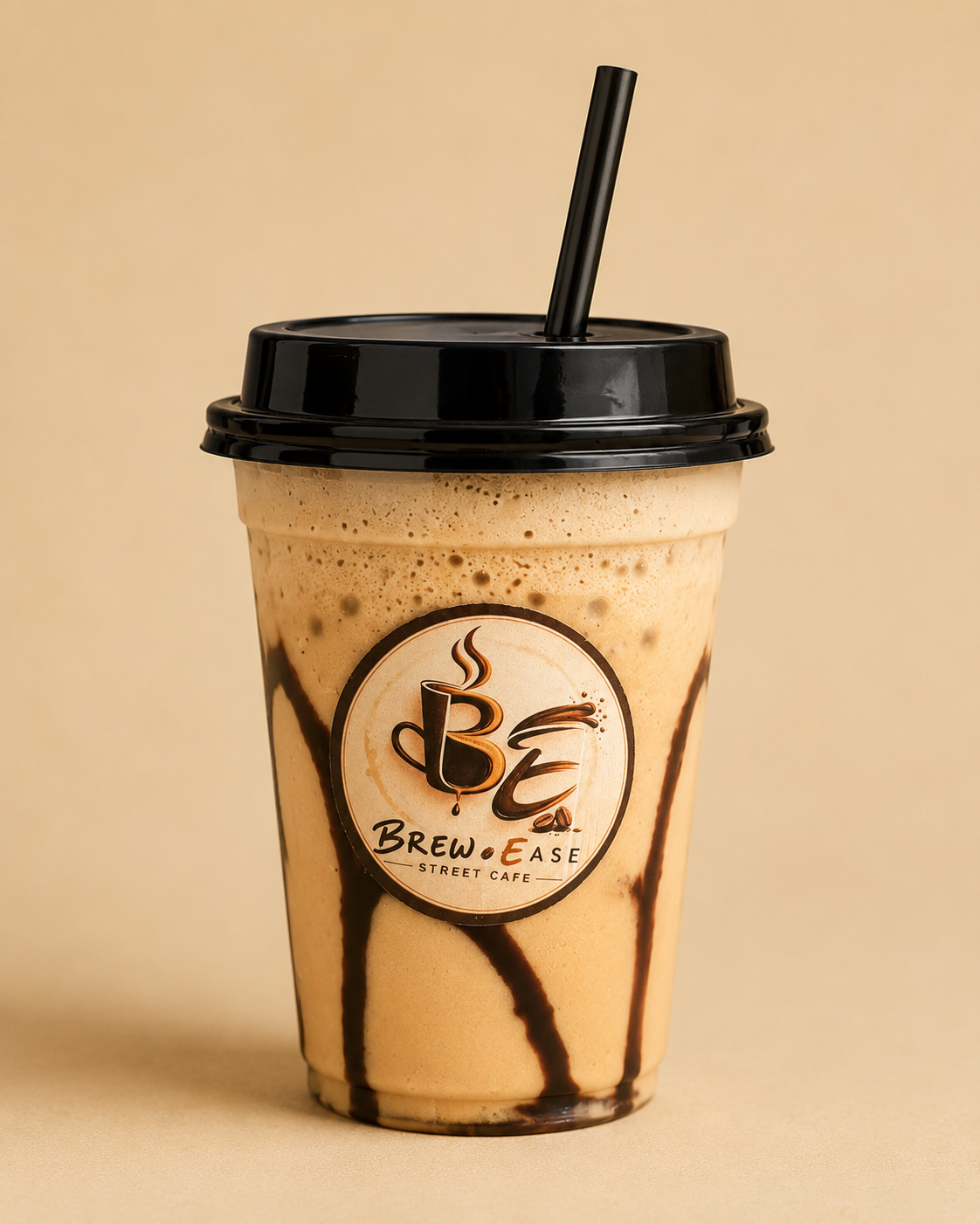 BrewEase Classic Frappé in an iced coffee cup with chocolate drizzle